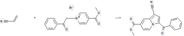 Pyridinium, 4-(methoxycarbonyl)-1-(2-oxo-2-phenylethyl)-, bromide (1:1) can be used to produce 3-benzoyl-1-cyano-indolizine-7-carboxylic acid methyl ester at the temperature of 90 °C